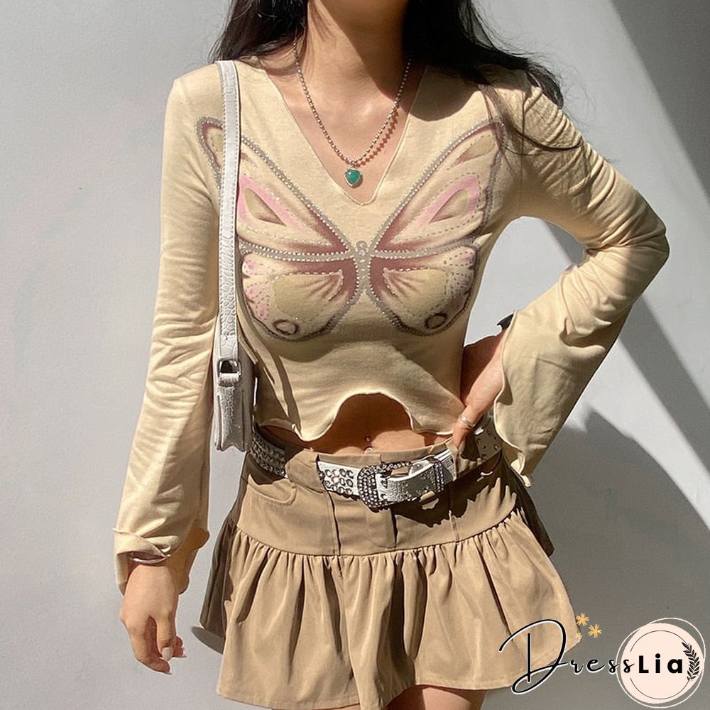 Fairycore Vintage Butterfly Printed Rhinestone Women T-shirts Fashion Cute Top Asymmetric Autumn Tshirt Tee Aesthetic