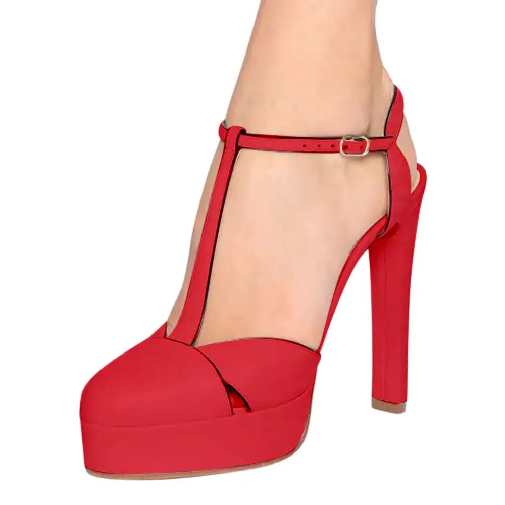 TAAFO Red Platform T-starp Buckle Women Sandals High Heels Round Toe Ladies Party Shoes 