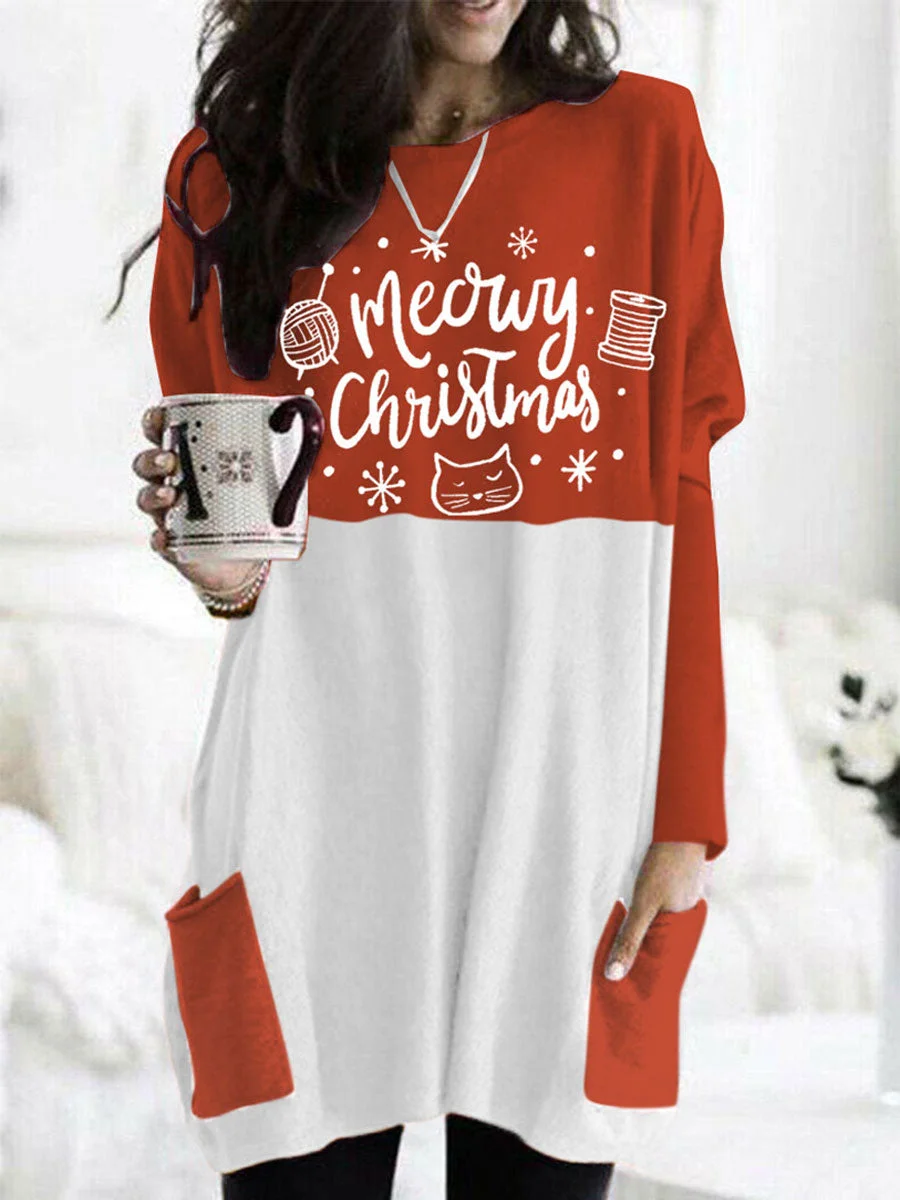 Christmas Print Round Neck Pocket T-shirt