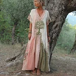 Women's Retro Tree Of Life Art Patchwork Short Sleeve Dress - Image 2