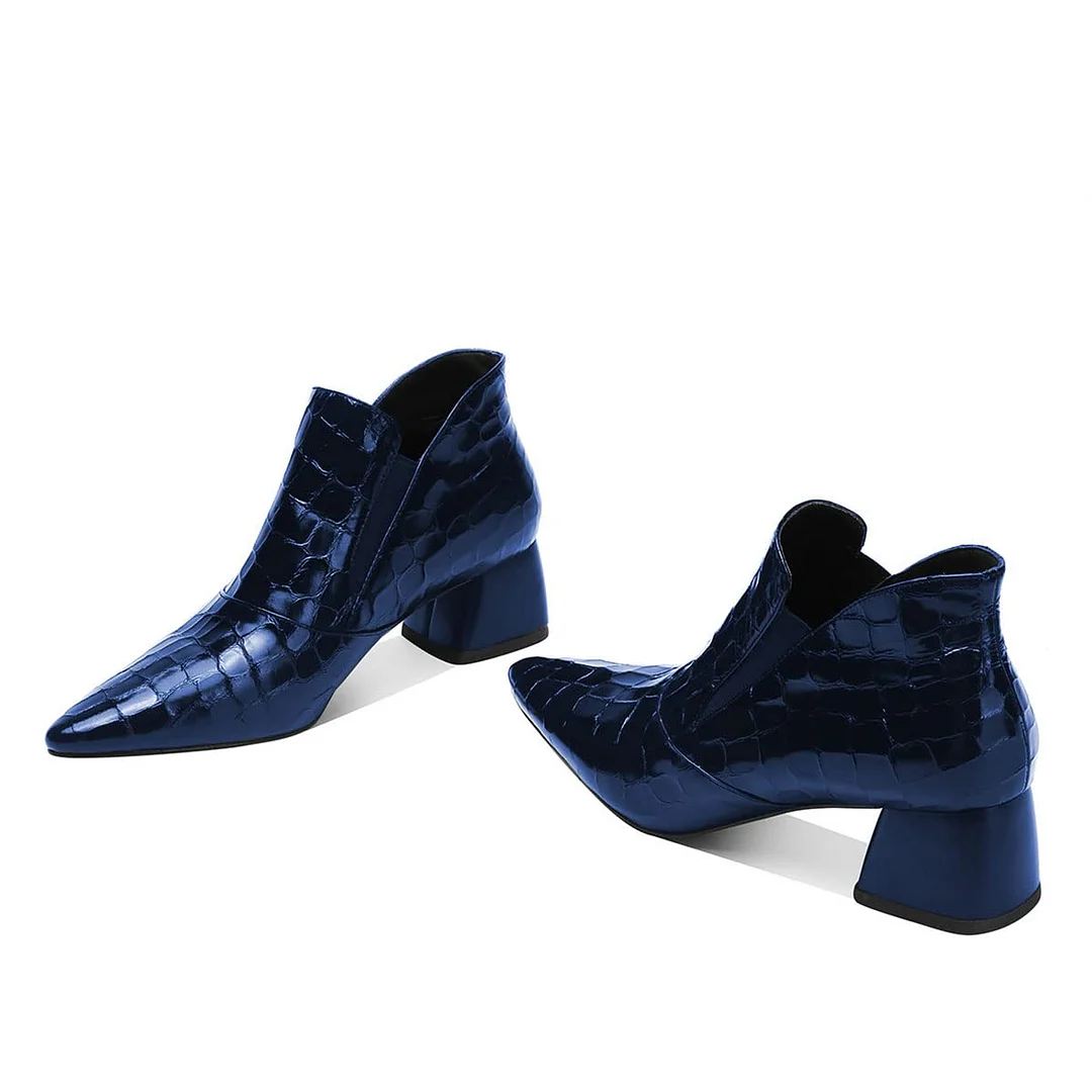 Dark Blue Croc-Embossed Vegan Leather Back-Zip Block Heel Ankle Boots