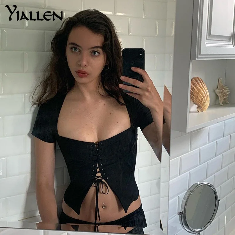Yiallen Summer Sexy Chic Fashion Square Collar Lace Up Top and Blouse for Women Short Sleeve Top Blouses Elegant Vintage Hot