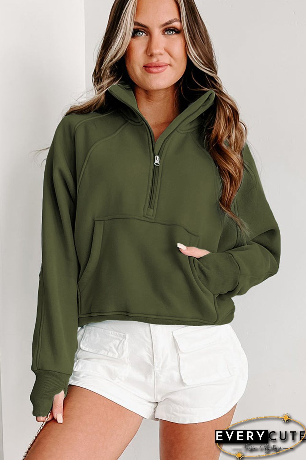 Green Zip Up Stand Collar Ribbed Thumbhole Sleeve Sweatshirt