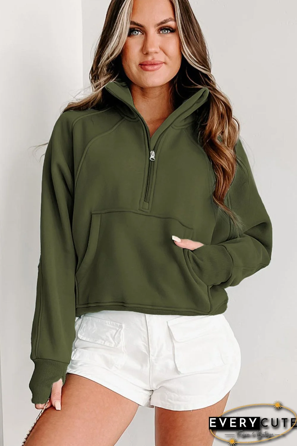 Green Zip Up Stand Collar Ribbed Thumbhole Sleeve Sweatshirt