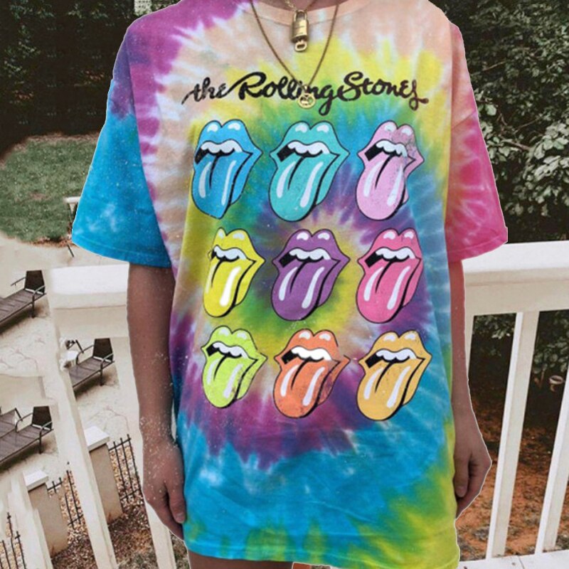 4XL Sexy Lip Funny Fashion Shirt Summer Loose O-Neck Colorful Graphic T Shirt Women Tops Loose O-neck Tie Dye Tees Kiss Tshirts