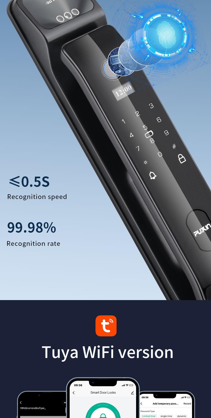 Product Introduction of Puxin DF65 3D Face & Fingerprint Smart Lock - Wi-Fi Enabled, Battery/USB Powered, HD Display, Aluminum Alloy Door Lock for Home Security 8