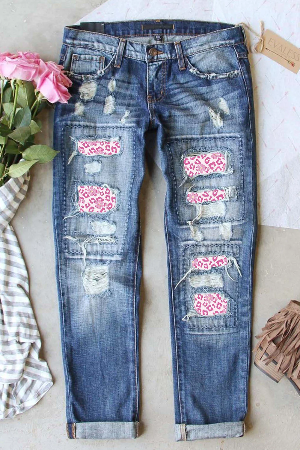 Pink Leopard Ripped Jeans