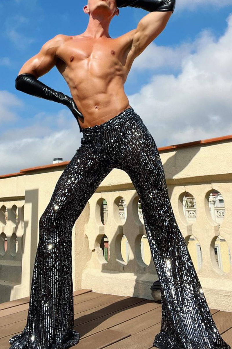 Ciciful Sequin Slim Fit Stretchy Black Flare Leg Pants