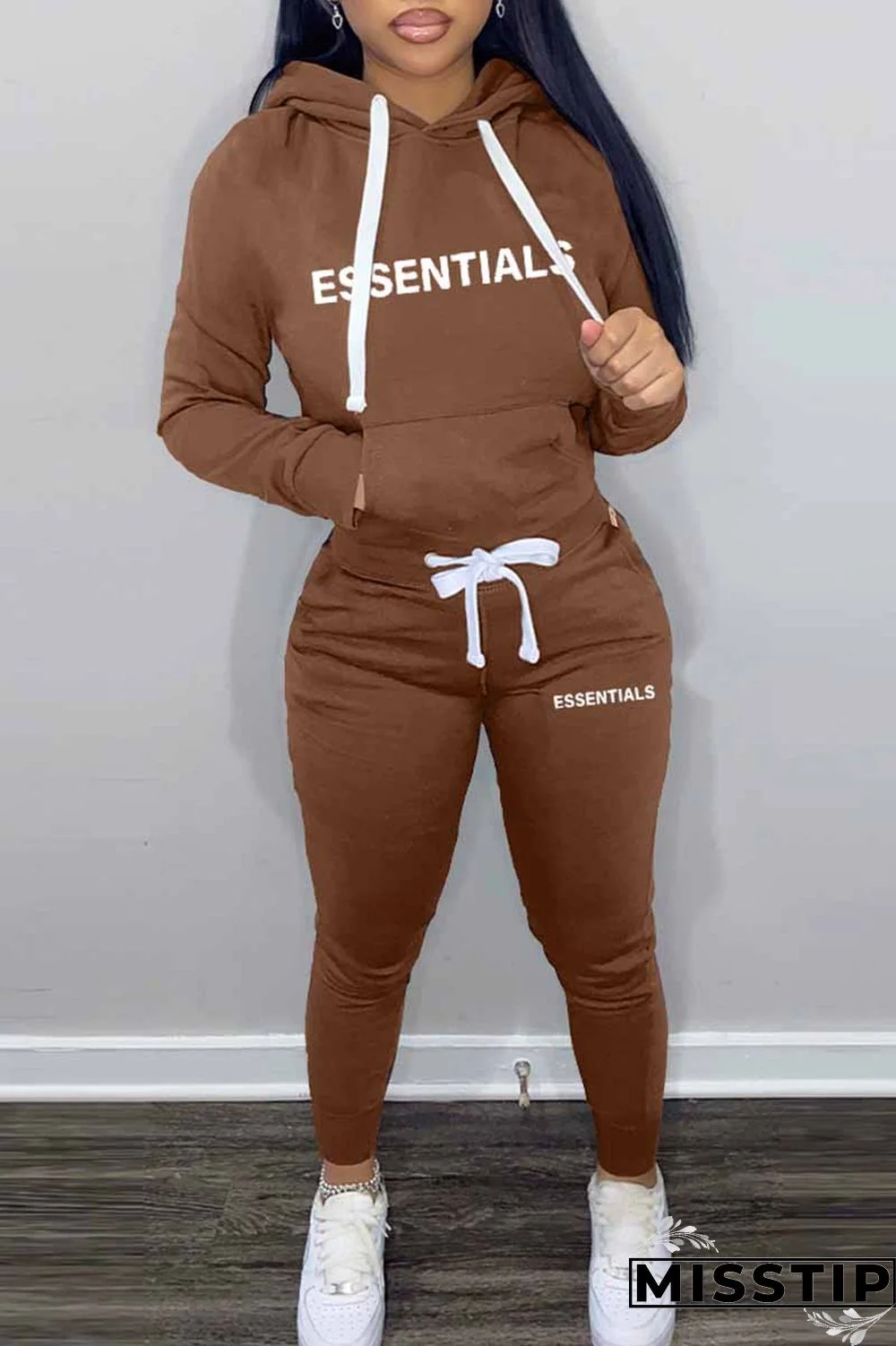 Khaki Elegant Print Letter Hooded Collar Long Sleeve Two Pieces