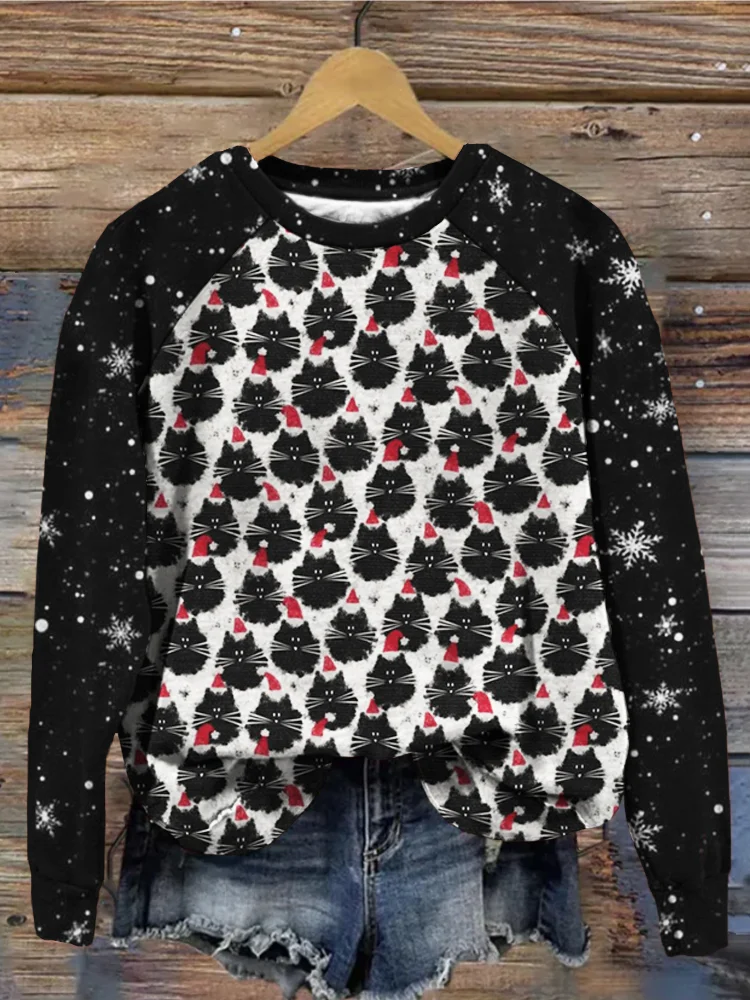 Comstylish Fluffy Christmas Cat Graphic Contrast Comfy Sweatshirt