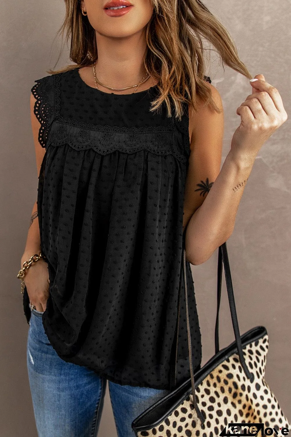 Black Crochet Polka Dot Tank Top