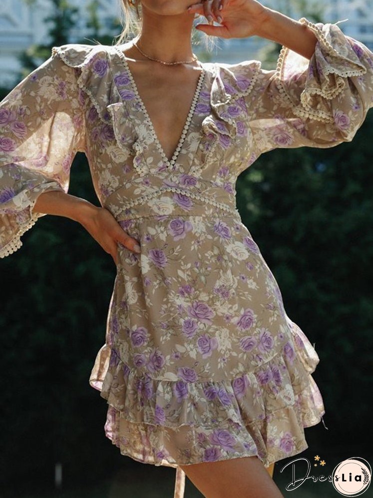 Dresses Printed V-Neck Long-Sleeve Open-Back Lace-Up Dress for Women
