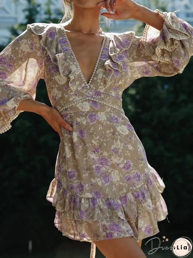 Dresses Printed V-Neck Long-Sleeve Open-Back Lace-Up Dress for Women
