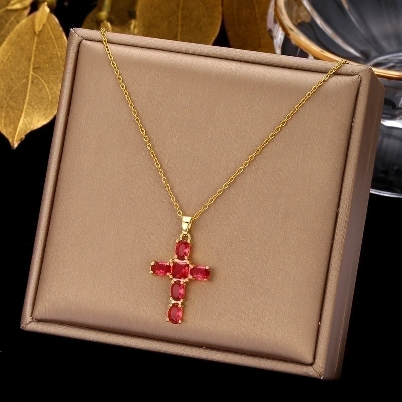2 Pieces Ethnic Style Cross Stainless Steel Inlay Zircon Pendant Necklace