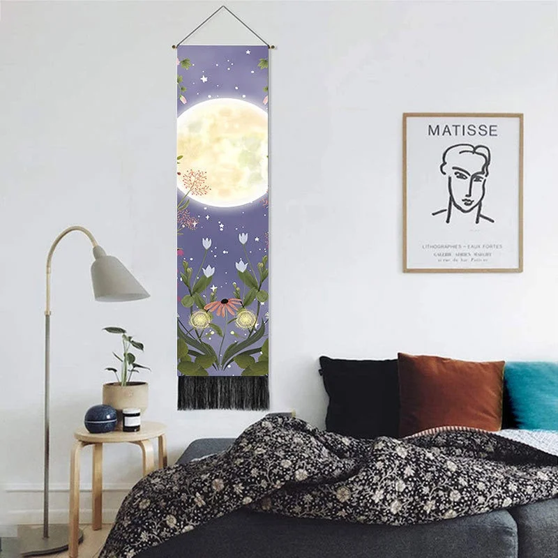 Home Sun Moon Scroll Drawing Decor Macrame Tassel Hand-Woven Wall Hanging Tapestry Tarot Bedroom Art Background Cloth Tapesry