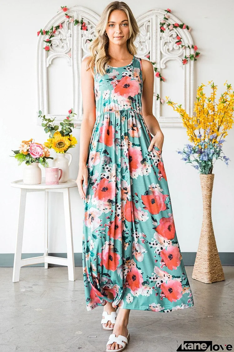 Floral Sleeveless Maxi Dress with Pockets