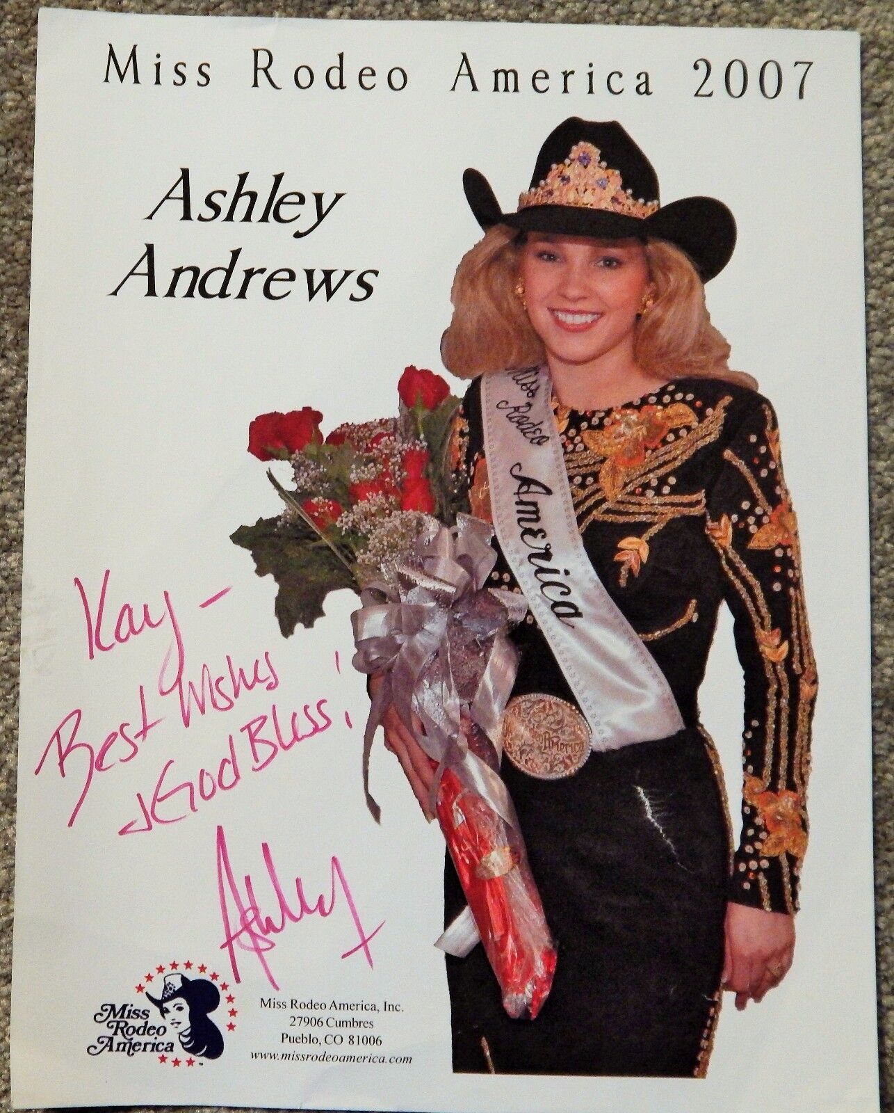 ASHLEY ANDREWS PERSONAL AUTOGRAPH COLOR Photo Poster painting MISS RODEO AMERICA 2007, BEAUTIFUL