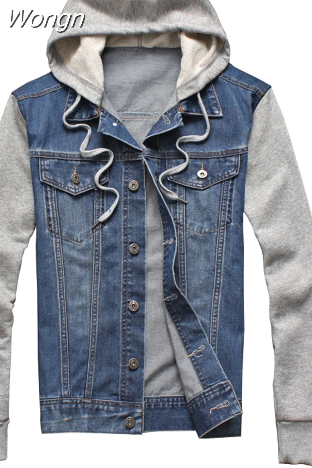 Wongn Jacket Men Hooded Jeans Jackets Mens Fashion Patchwork Hoodies Casual Cowboy Mens Jacket Streetwear Mens Jackets and Coats