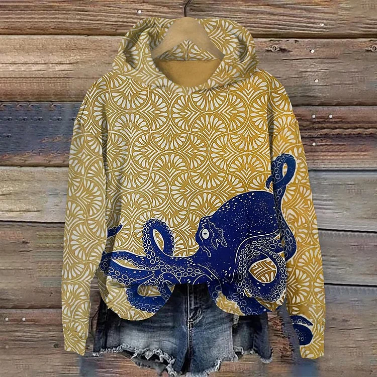 saracool Japanese Style Octopus Art Print Casual Long Sleeve Hoodie