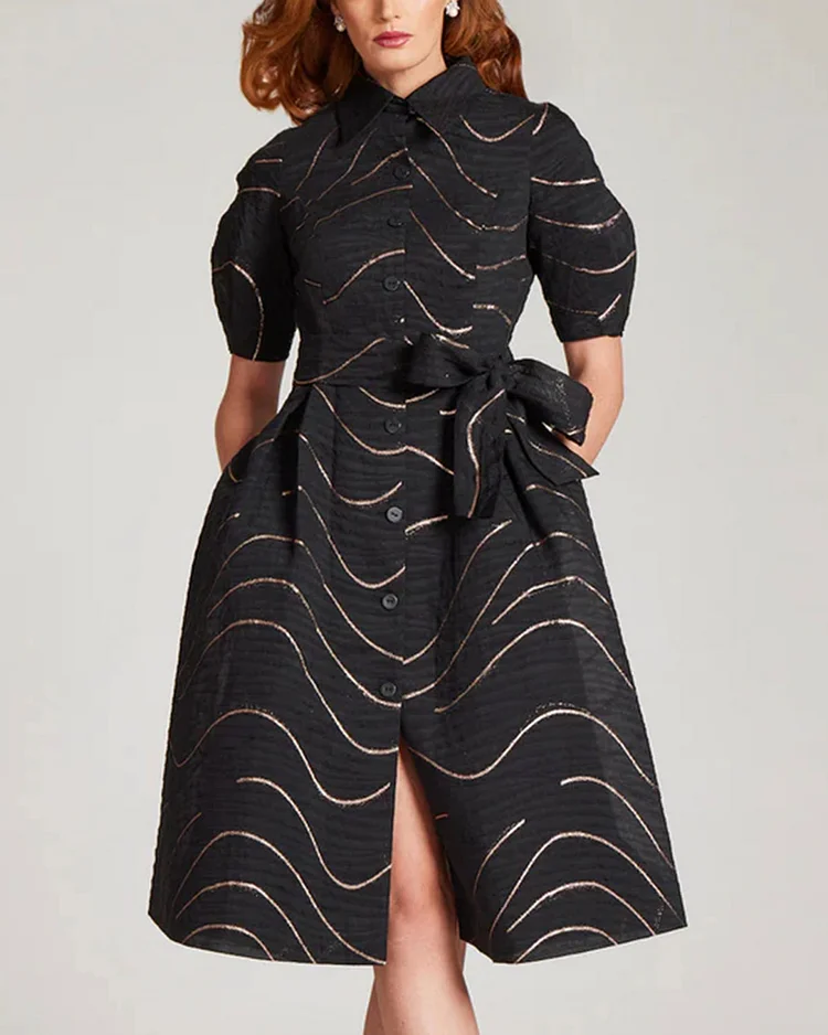 Puff Sleeve Shirt Dress With Metallic Swirl