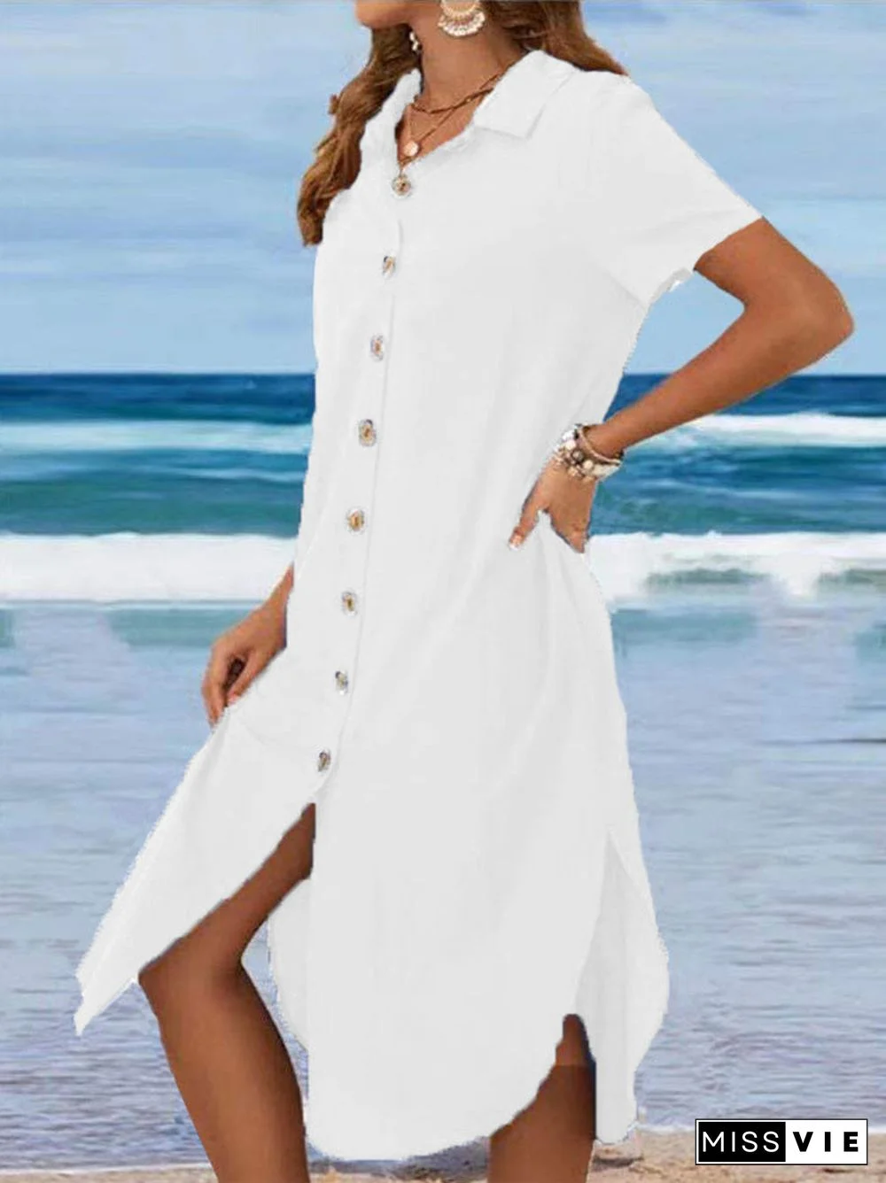 Women's Short Sleeve V-neck Buttons Midi Dress
