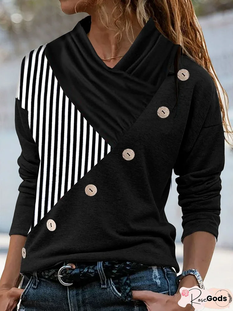 Women Color Block Casual Autumn Polyester Cross Neck Micro-Elasticity Daily Regular Size Tops