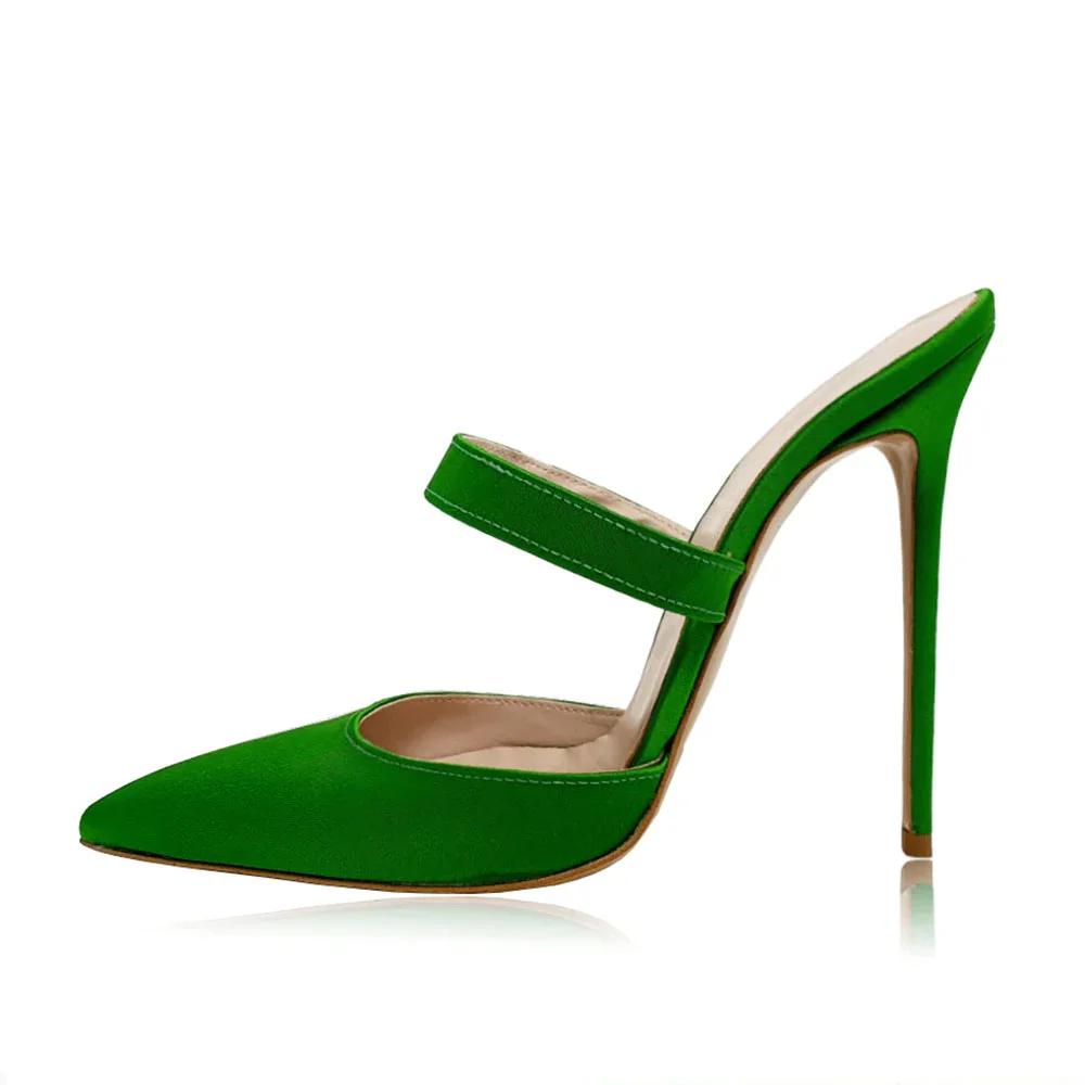 Pointy Toe Slip On Stiletto Heel Green Strap Women's Mules Shoes