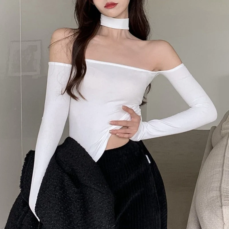 Billlnai  2023 Graduation party  Y2k Women Halter Crop Tops Sexy Off Shoulder Long Sleeve Short T-shirt Spring Autumn Solid Knitted Bottoming Blouses Outwear