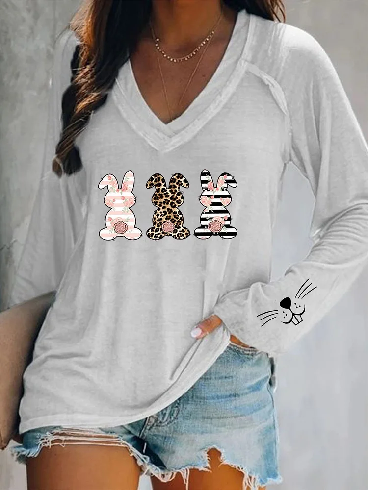 Happy Easter Leopard Bunnies V-neck Casual Sweatshirt