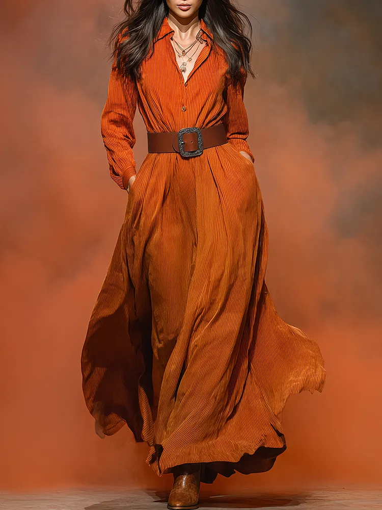 Retro Solid Color Corduroy Long-sleeved Maxi Dress