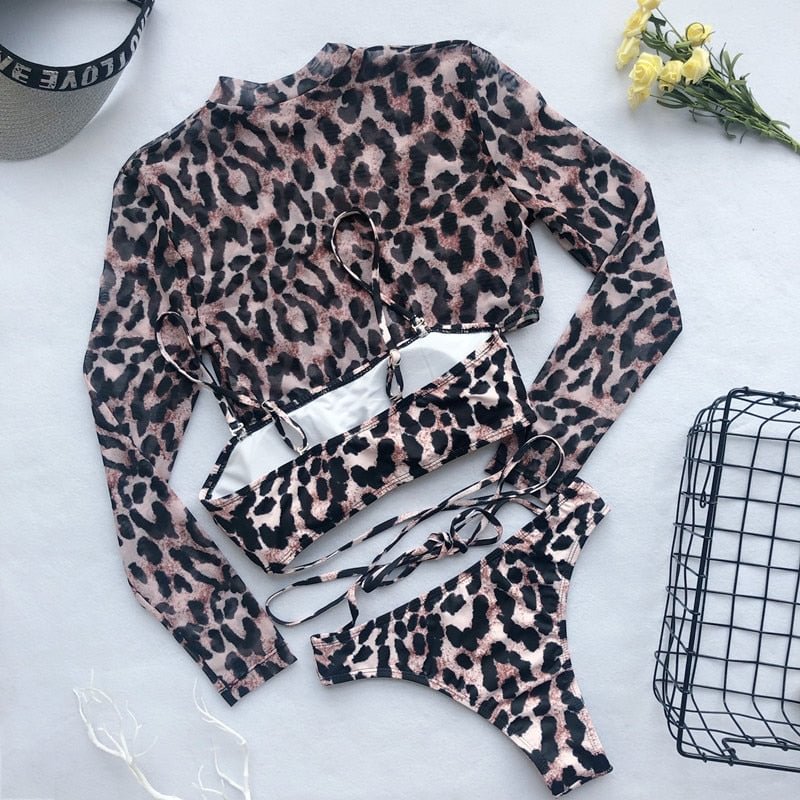 Long Sleeve Leopard 3 Piece Swimsuit High Cut Push Up Padded Bikini Female Bathers Sports Bathing Suit Thong Swimwear Biquini
