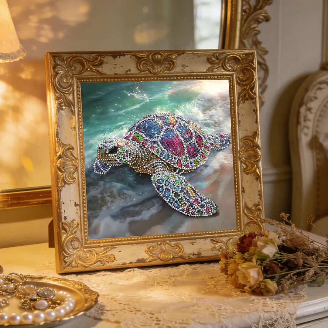 Beach Shimmering Beaded Turtle Special Shaped 5D DIY Partial Drill Diamond Painting Kits for Adults Beginners Home Decor Diamonds Dots Gem Art Kits 11.81 X11.81inch