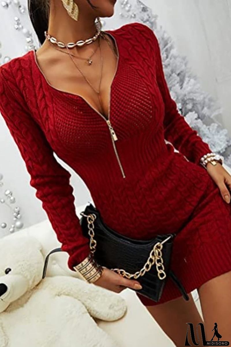 MidiSono - Zipper V Neck Bodycon Sweater Dress