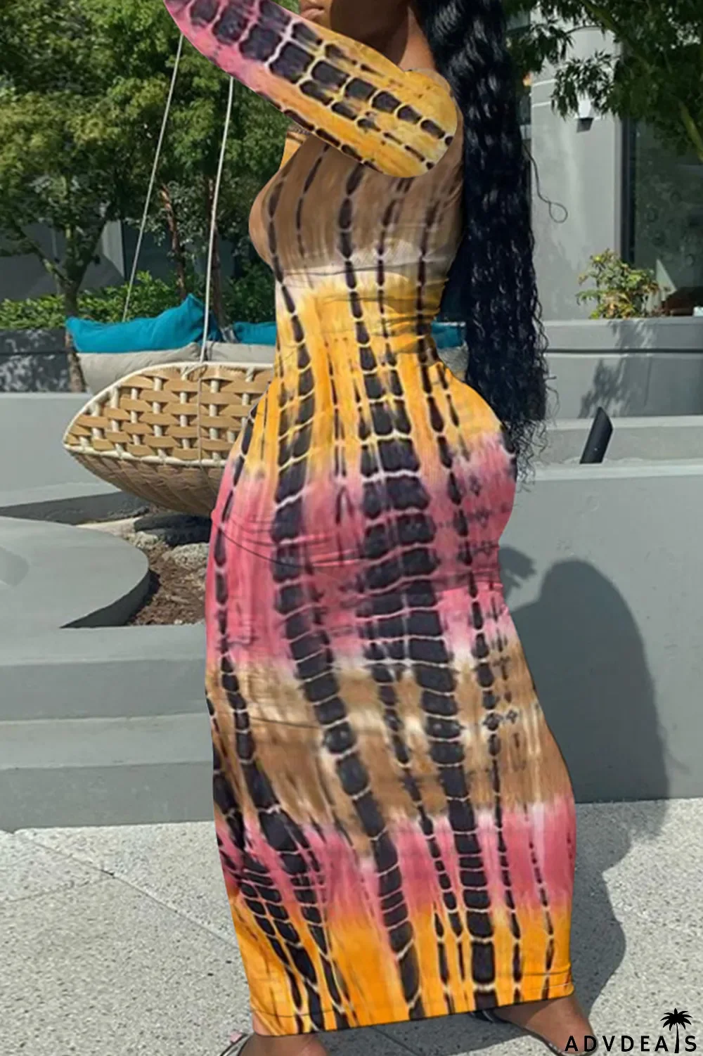 Yellow Casual Print Patchwork U Neck One Step Skirt Dresses