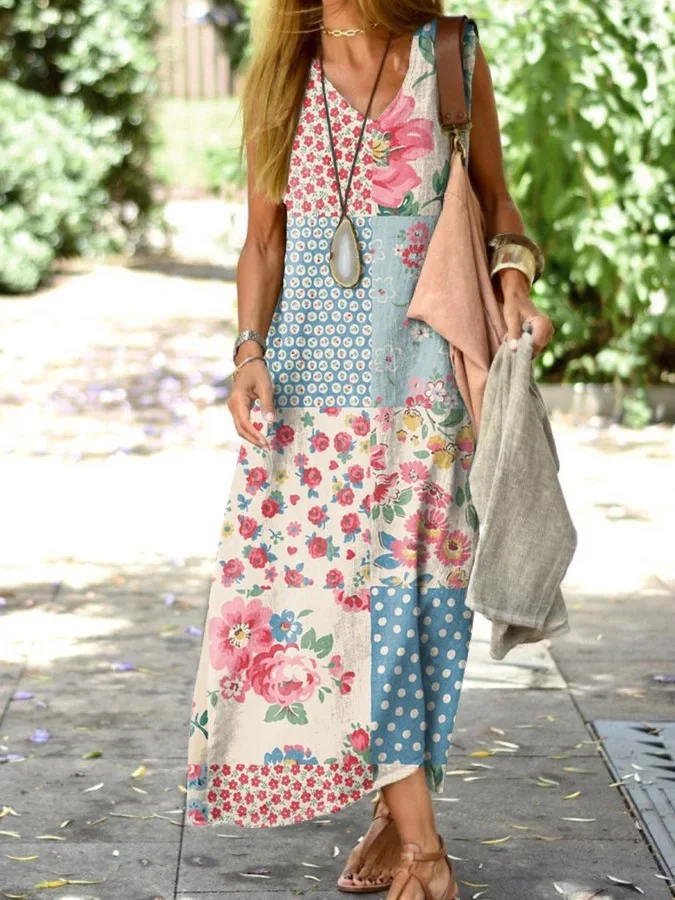 Vacation Bohemian Retro Floral Sleeveless V-neck Loose Dress