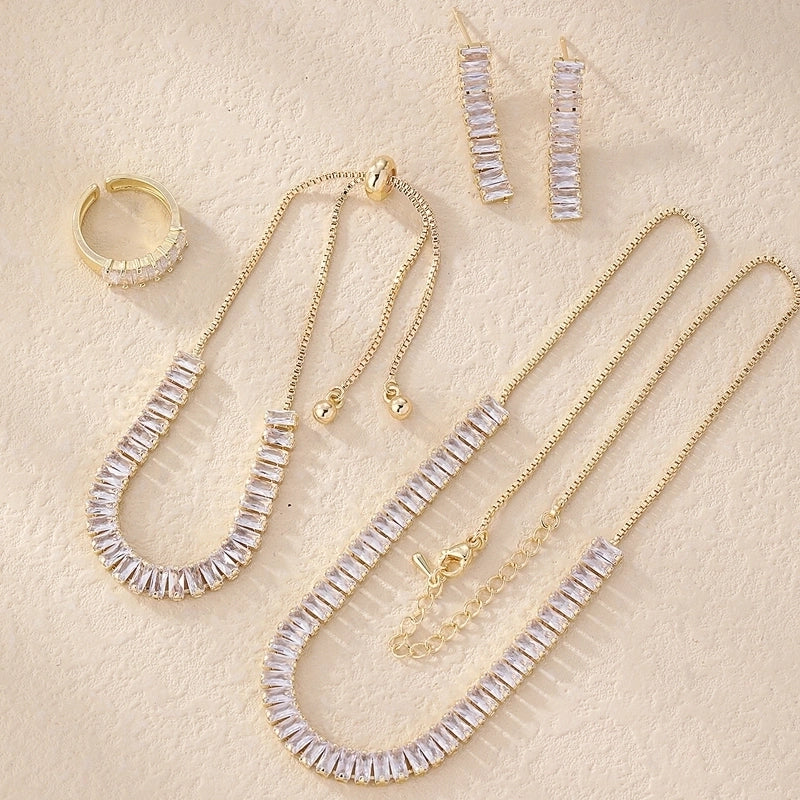 304 Stainless Steel Copper Rhodium Plated Minimalist Shiny Inlay Geometric Rectangle Zircon Rings Earrings Necklace