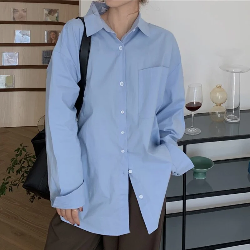 Zoki Designed Women Long Shirt Oversize Blue Long Sleeve Korean Loose Ladies Casual Blue Shirt Fashion Button Up Female Tops