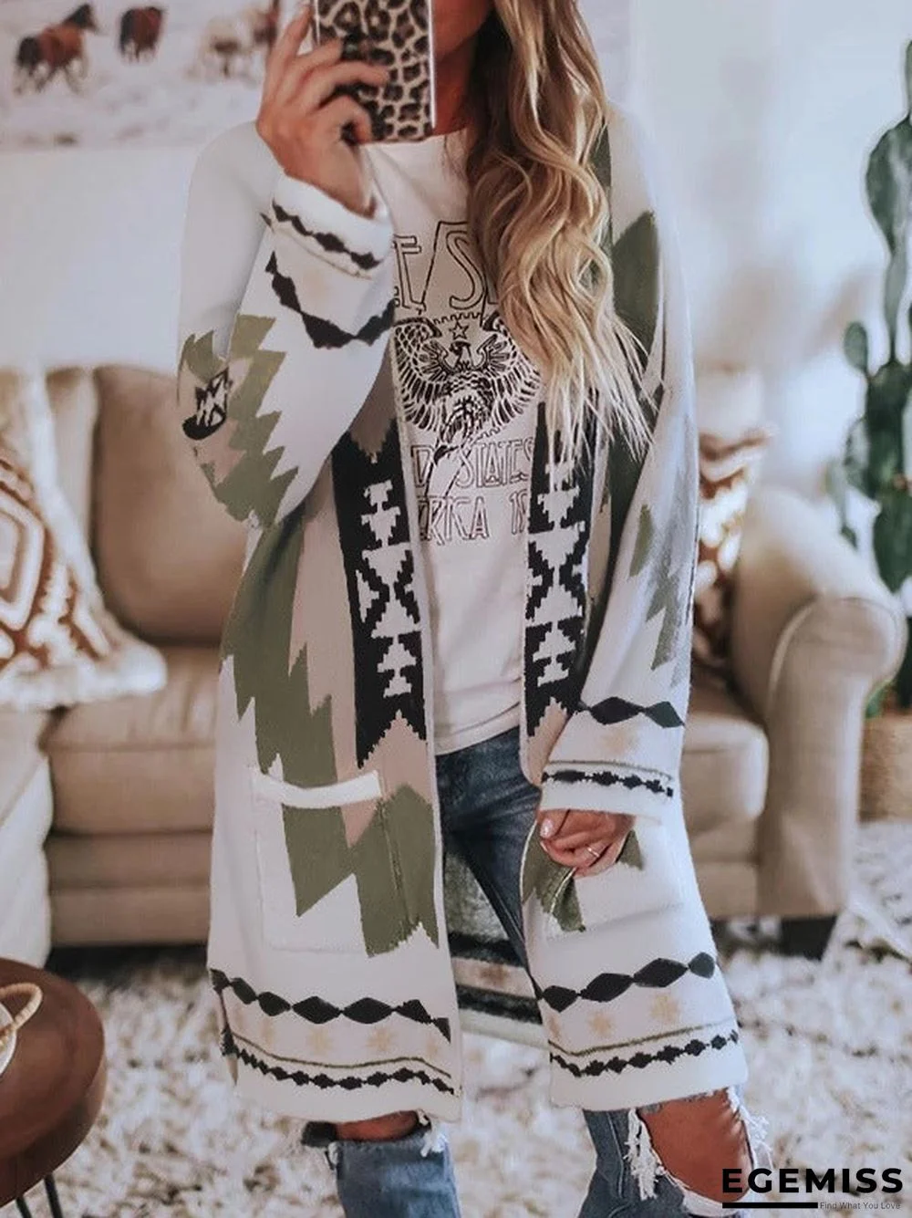 Long Sleeve Printed Cardigan Coat Woolen Coat for Autumn and Winter | EGEMISS