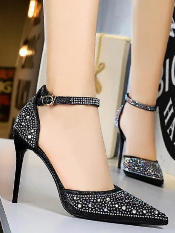 Shallow mouth pointed toe cutout stiletto sandals with rhinestones