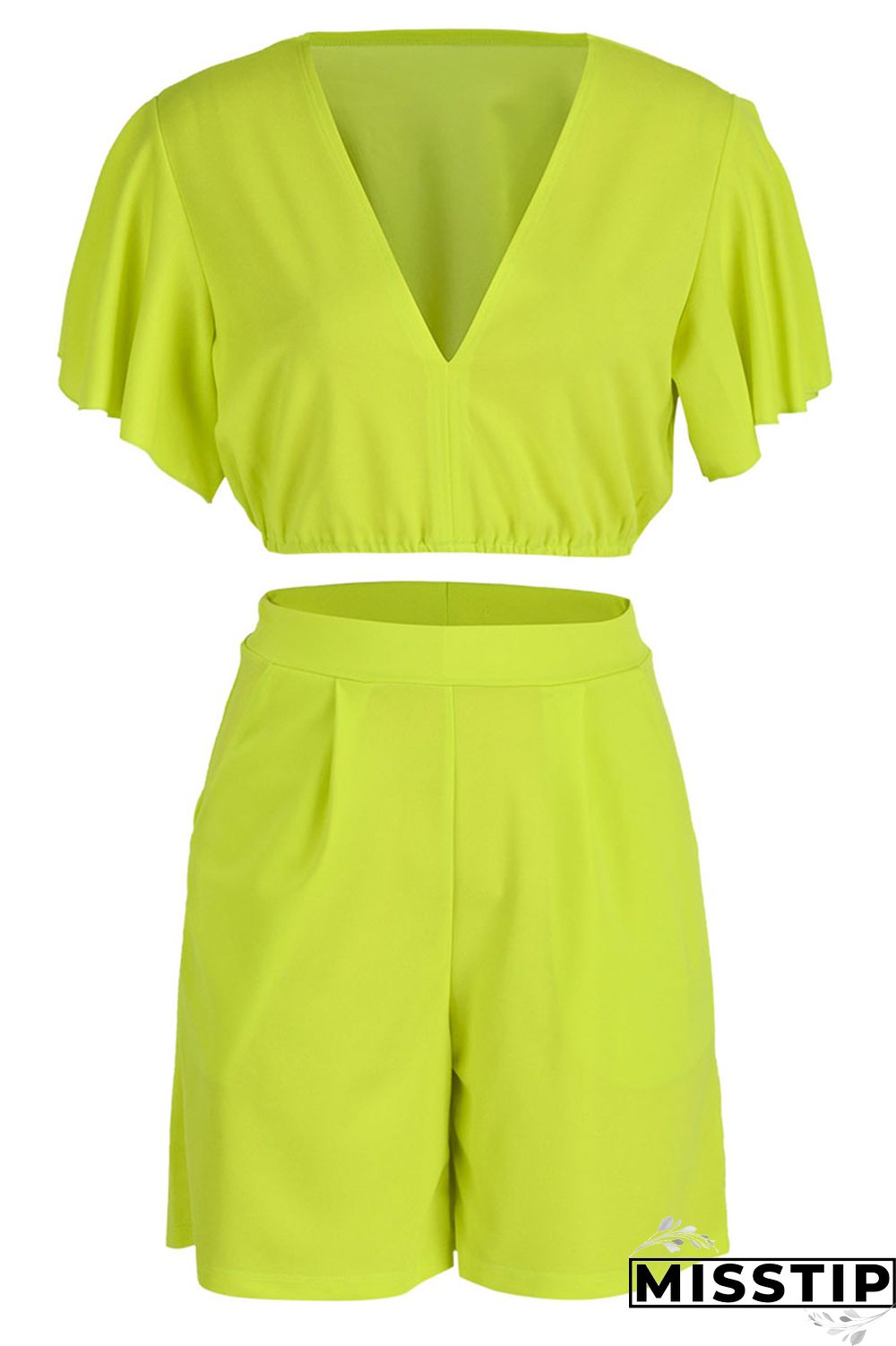 Yellow Casual Solid Patchwork Flounce V Neck Short Sleeve Two Pieces