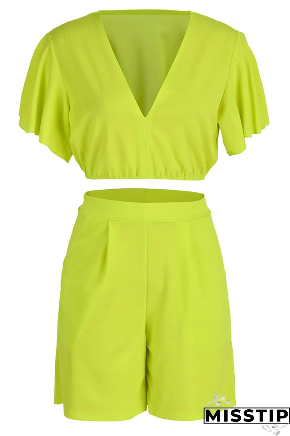 Yellow Casual Solid Patchwork Flounce V Neck Short Sleeve Two Pieces