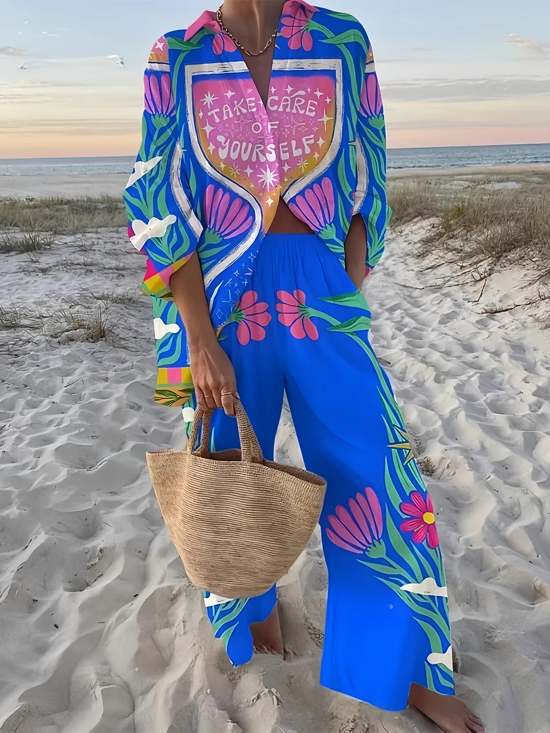 2025 European And American Comfortable Beach Vacation Blue Background Flower Print 3d Digital Printing Long Sleeved Shirt Long Pants Set Women's Clothing | IFYHOME