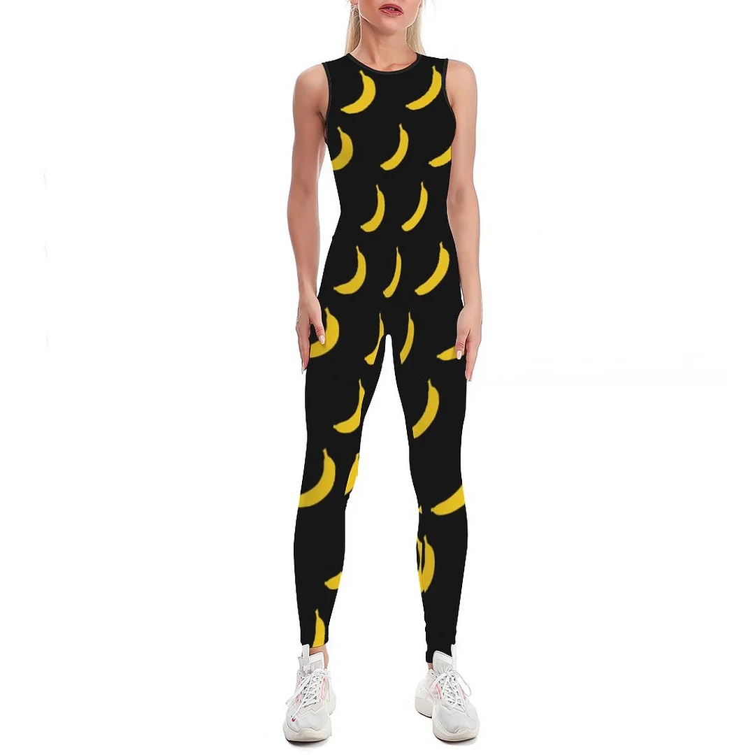 Cute Yellow Banana Print For Yoga Workout Women Workout Jumpsuits Sleeveless Sport Yoga Leggings Gym Bodysuits Romper
