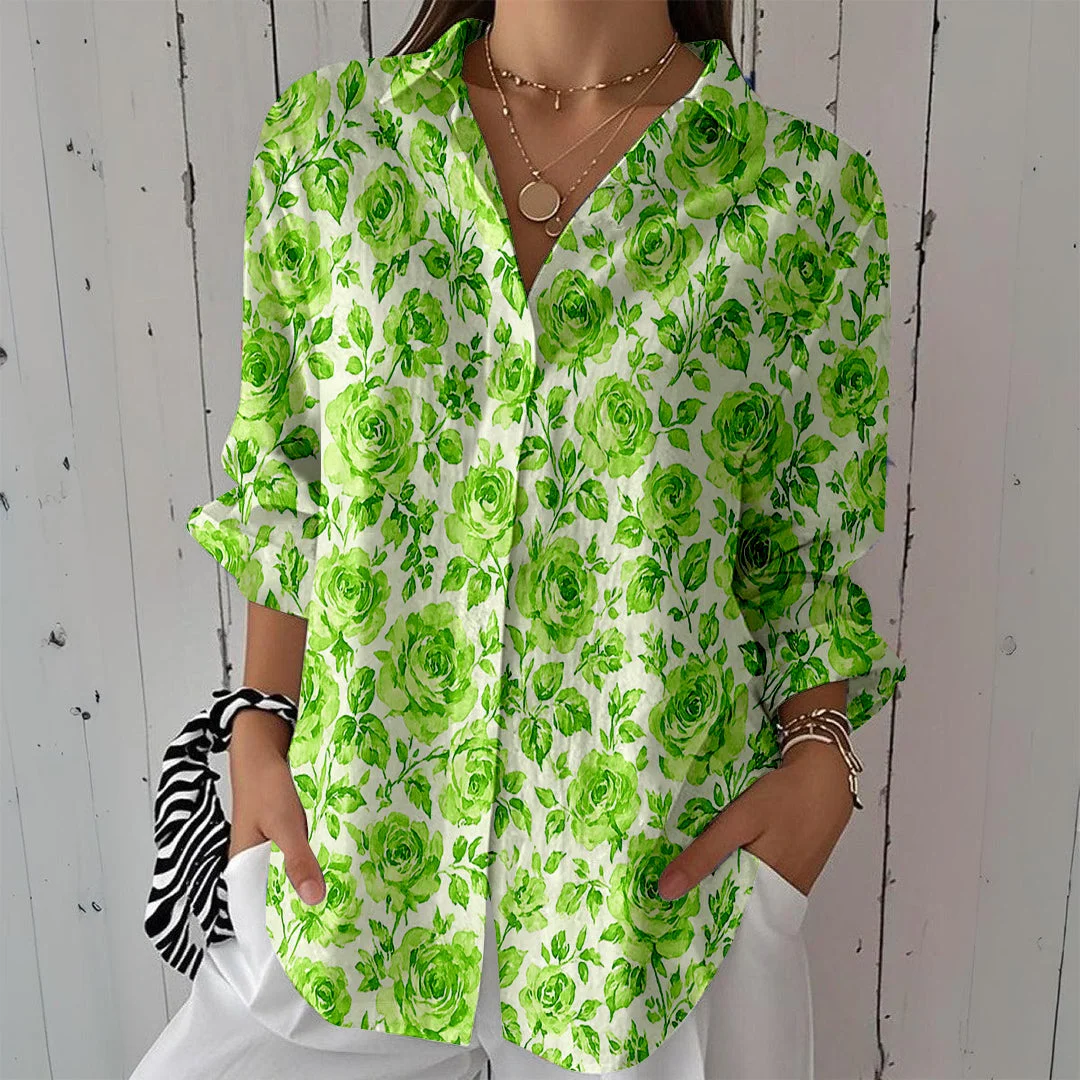 Style & Comfort for Mature Women Women Floral, Green DZCL0341 3/4 Sleeve Shirt Collar Printed Button Tops