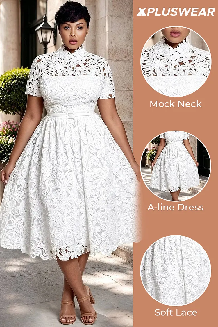 Xpluswear Design Plus Size Wedding Guest Elegant White Mock Neck