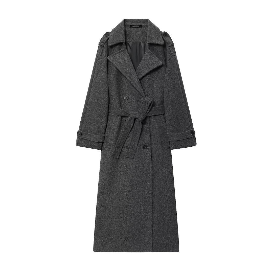 Nigikala Nigikala Autumn New Female Retro Leisure Double Buckle With Belt Long Hair Coat