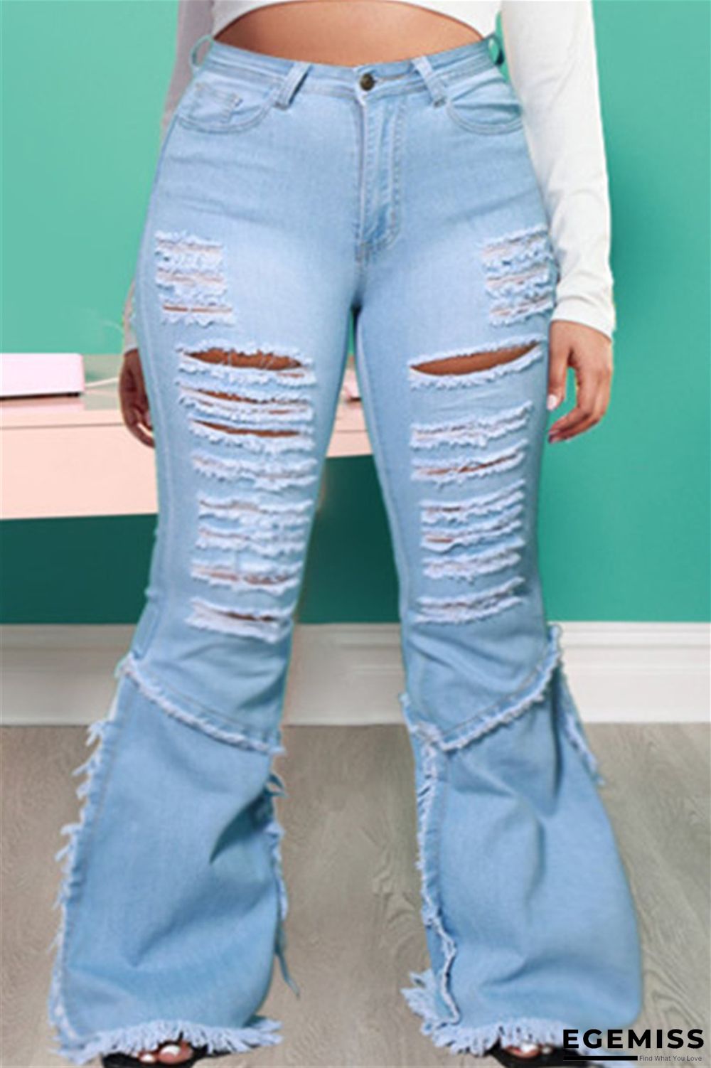 Baby Blue Fashion Casual Solid Ripped Patchwork Plus Size Jeans | EGEMISS