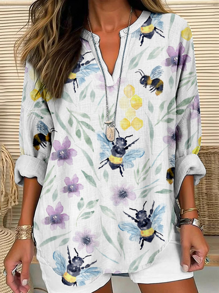 Watercolor Bees & Flowers Linen Blend Shirt