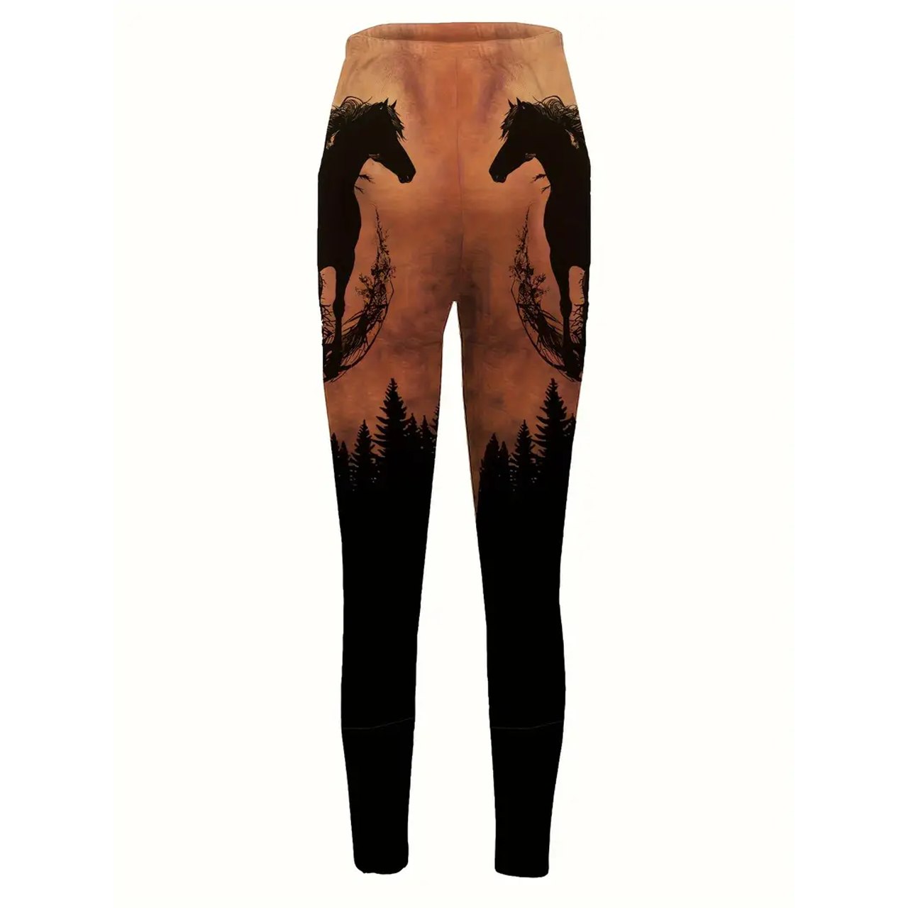 Long Length Slim Fit Geometric Patterned Polyester Cowboy Horse Print Leggings - Elastic Waist, Mid Stretch, Casual Styl