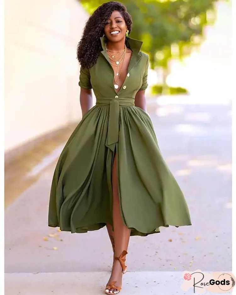 Women's A-Line Dress Midi Dress - Half Sleeve Split Summer Fall V Neck Hot Sexy Army Green Orange